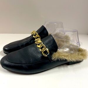 Steve Madden Raam Black Leather Faux Fur Lined Mules Gold Chains Women’s Size 10